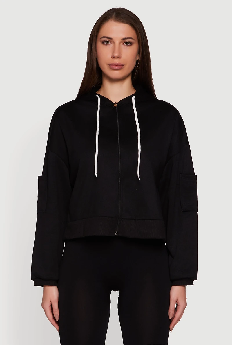 Womens Drop Shoulder Zip Front Hooded Sweatshirt, Black,