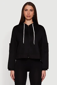 Womens Drop Shoulder Zip Front Hooded Sweatshirt, Black,