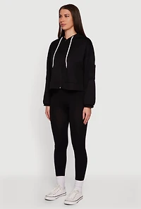 Womens Drop Shoulder Zip Front Hooded Sweatshirt, Black,