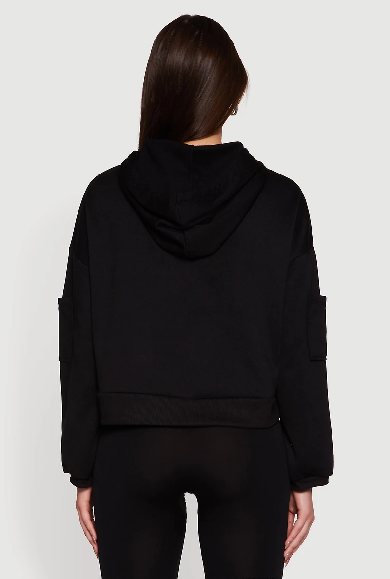 Womens Drop Shoulder Zip Front Hooded Sweatshirt, Black,