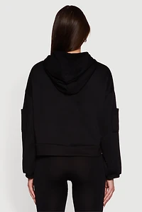 Womens Drop Shoulder Zip Front Hooded Sweatshirt, Black,