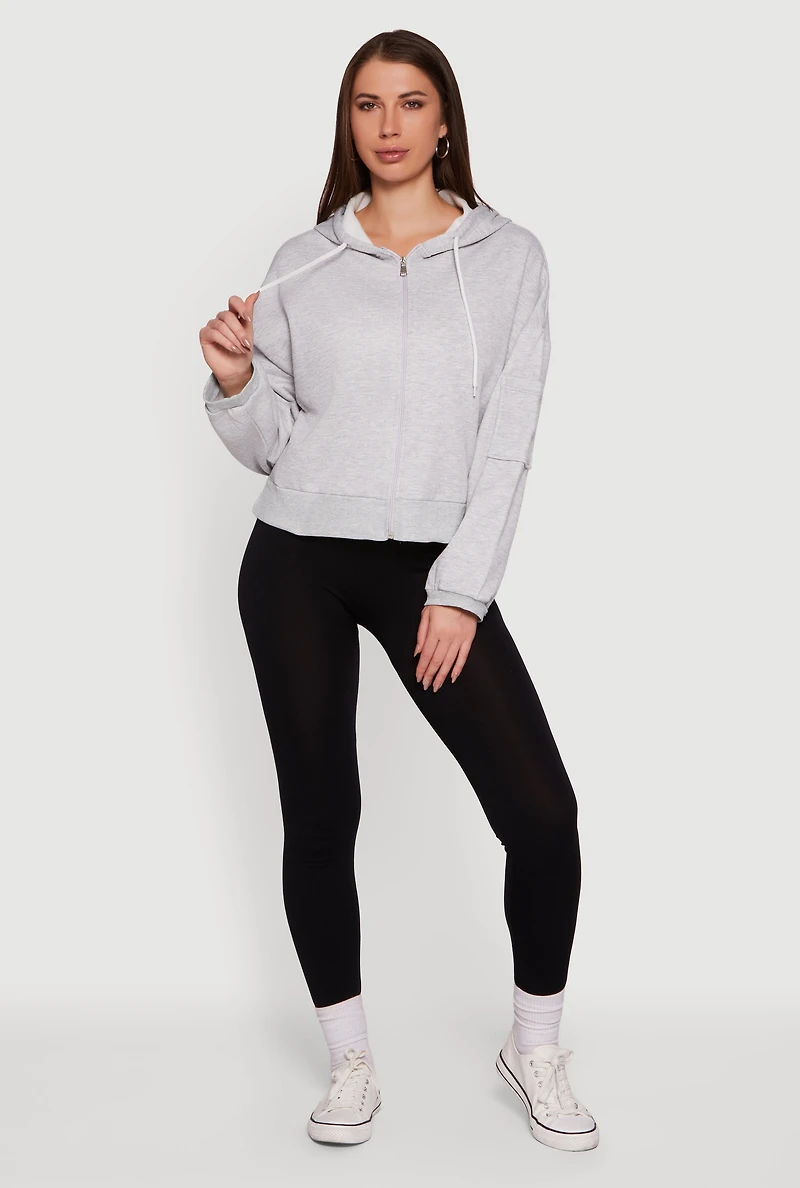 Drop Shoulder Zip Front Hooded Sweatshirt