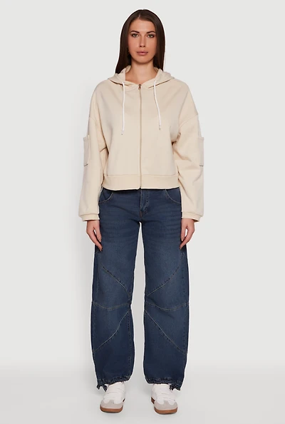 Womens Drop Shoulder Zip Front Hooded Sweatshirt,