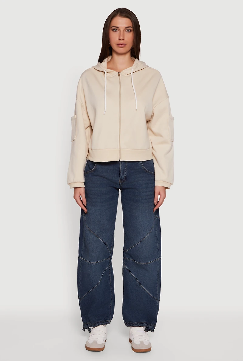 Womens Drop Shoulder Zip Front Hooded Sweatshirt,