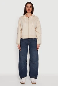 Womens Drop Shoulder Zip Front Hooded Sweatshirt,