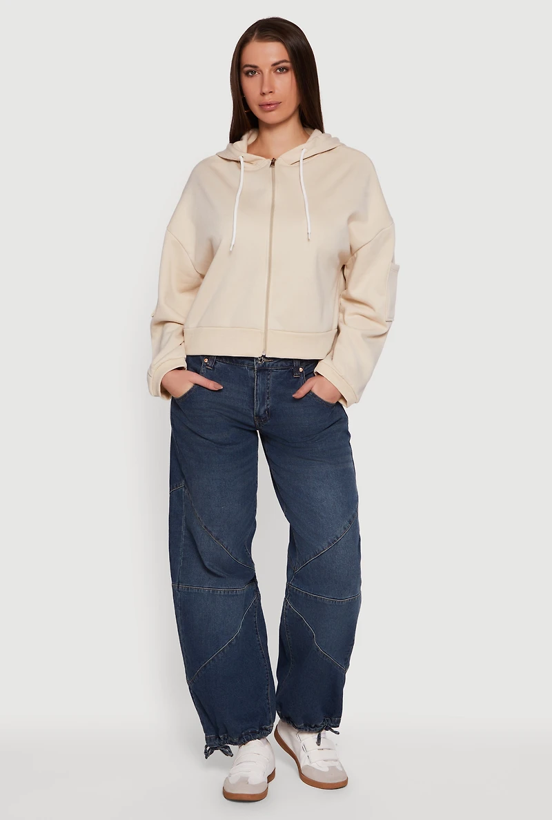 Womens Drop Shoulder Zip Front Hooded Sweatshirt,