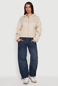 Womens Drop Shoulder Zip Front Hooded Sweatshirt,