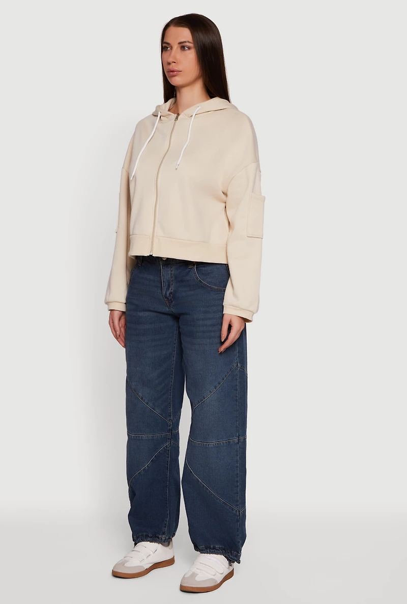 Womens Drop Shoulder Zip Front Hooded Sweatshirt,