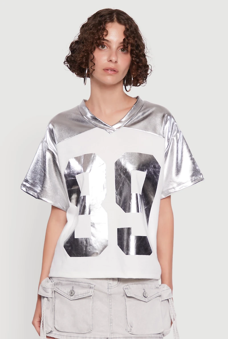 Womens Metallic 89 Graphic Football T-Shirt, Grey, Size XL