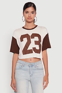 Womens 23 Graphic Cropped Football T-Shirt, Brown, Size M