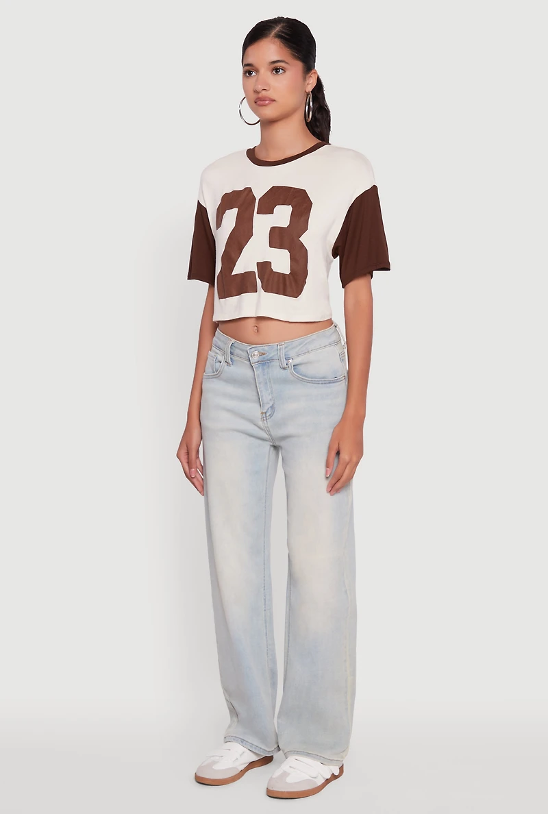 Womens 23 Graphic Cropped Football T-Shirt, Brown, Size M