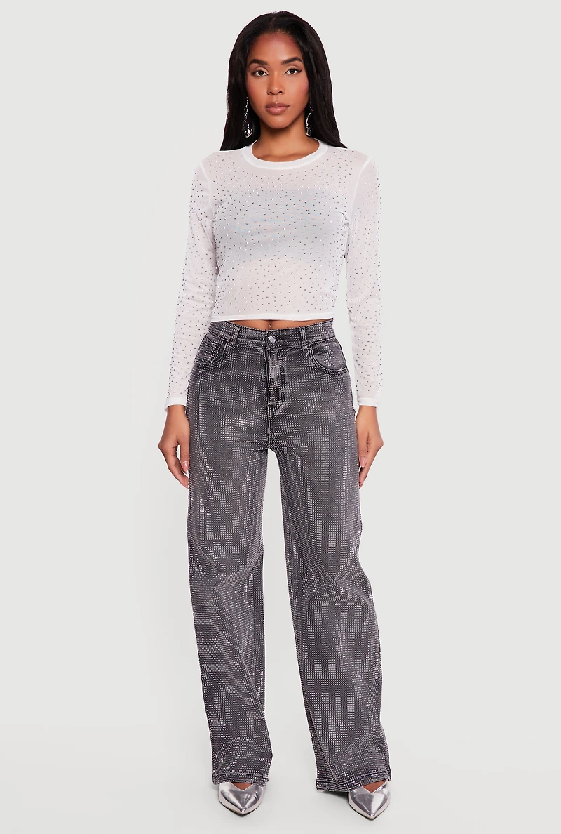 Long Sleeve Rhinestone Mesh Crop Top