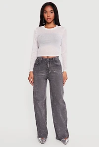 Long Sleeve Rhinestone Mesh Crop Top