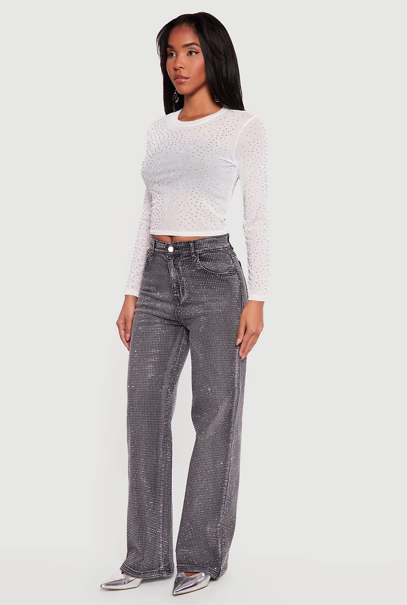 Long Sleeve Rhinestone Mesh Crop Top