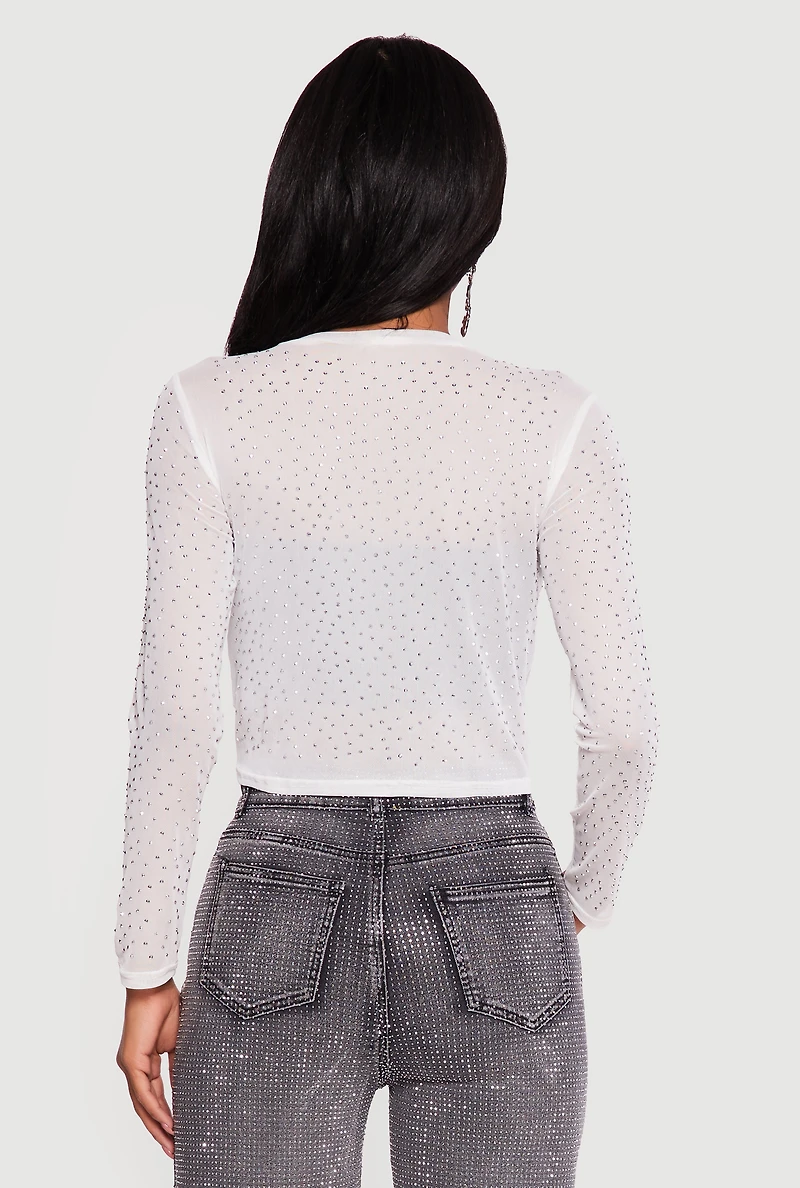 Long Sleeve Rhinestone Mesh Crop Top