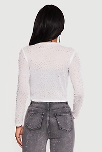 Long Sleeve Rhinestone Mesh Crop Top