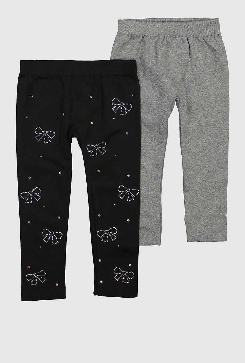 Toddler Girls Rhinestone Bow Fleece Leggings 2 Pack, Multi