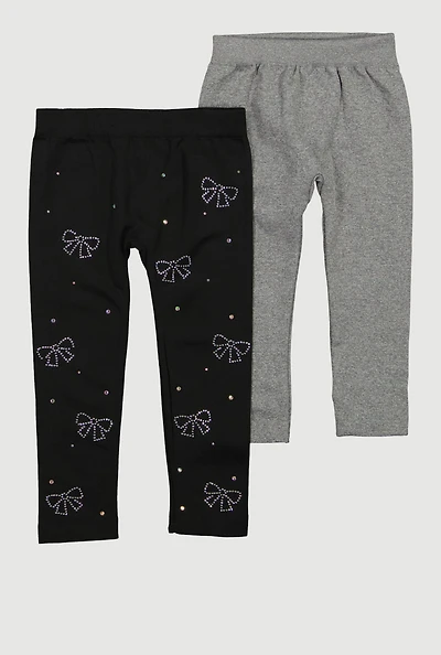 Toddler Girls Rhinestone Bow Fleece Leggings 2 Pack