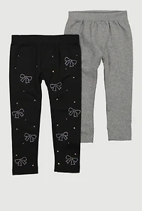 Toddler Girls Rhinestone Bow Fleece Leggings 2 Pack