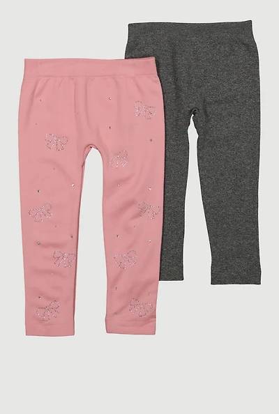 Toddler Girls Rhinestone Bow Fleece Leggings 2 Pack, Multi