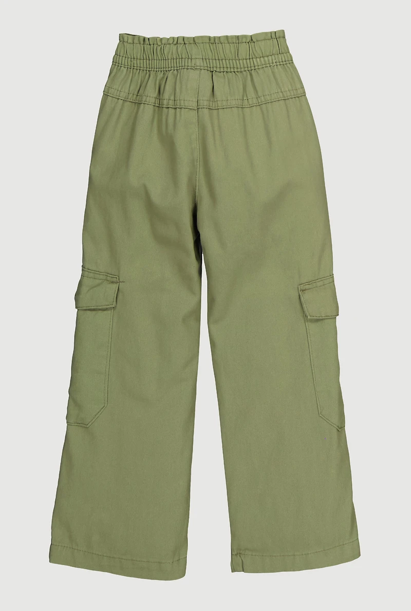 Toddler Girls Twill Mid Rise Wide Leg Cargo Pants, Green, Size 2T