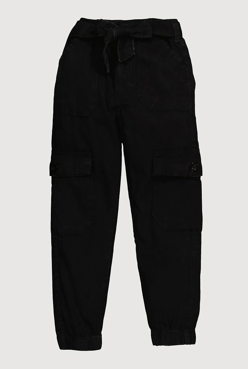Toddler Girls Mid Rise Cargo Joggers with Tie Waist Belt, Black, Size 4T