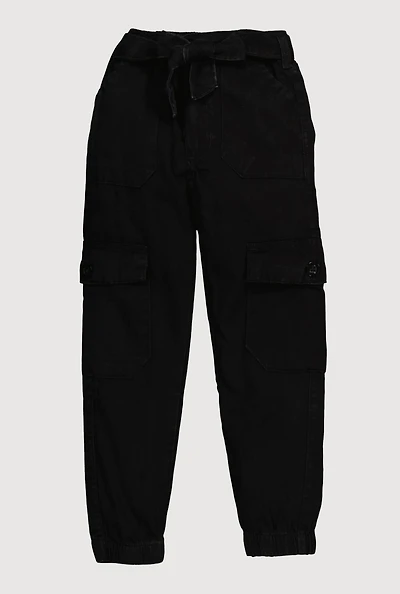 Toddler Girls Mid Rise Cargo Joggers with Tie Waist Belt, Black, Size 4T
