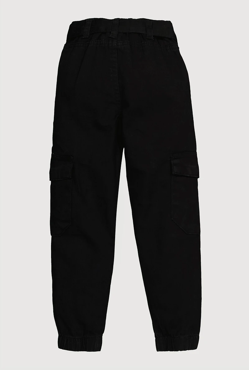 Toddler Girls Mid Rise Cargo Joggers with Tie Waist Belt, Black, Size 4T