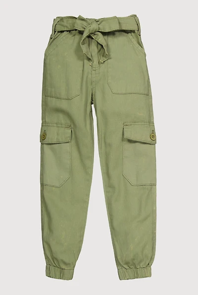 Toddler Girls Mid Rise Cargo Joggers with Tie Waist Belt, Green, Size 2T