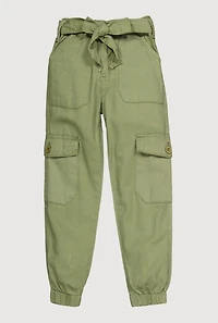 Toddler Girls Mid Rise Cargo Joggers with Tie Waist Belt, Green, Size 2T