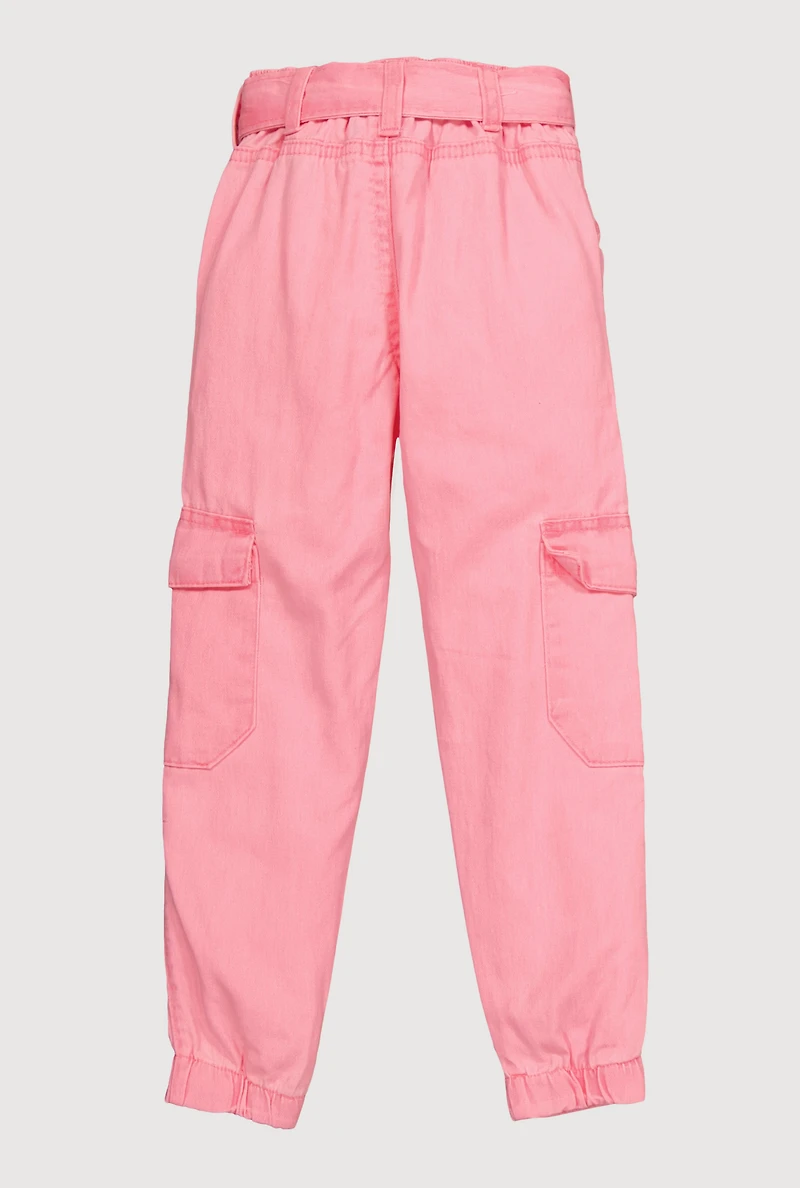 Toddler Girls Mid Rise Cargo Joggers with Tie Waist Belt, Pink, Size 3T