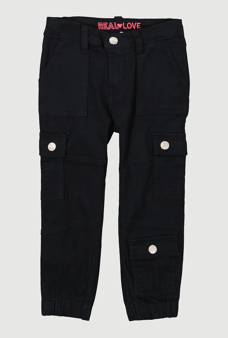 Toddler Girls Twill Snap Button Cargo Pocket Utility Pants, Black, Size 3T