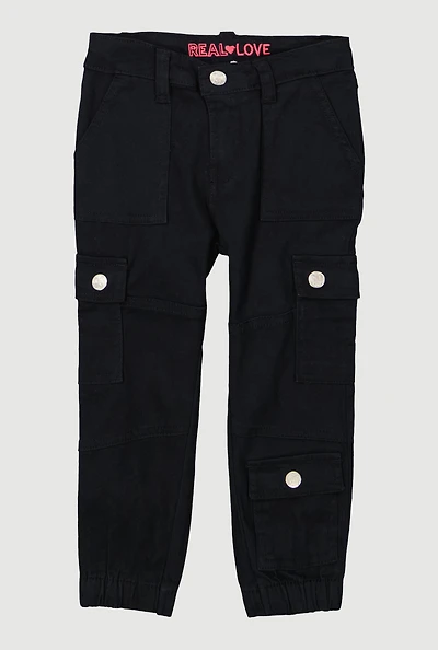 Toddler Girls Twill Snap Button Cargo Pocket Utility Pants, Black, Size 3T