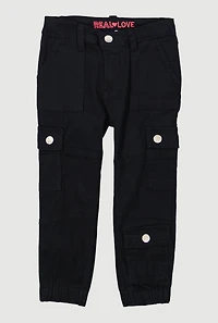 Toddler Girls Twill Snap Button Cargo Pocket Utility Pants, Black, Size 3T