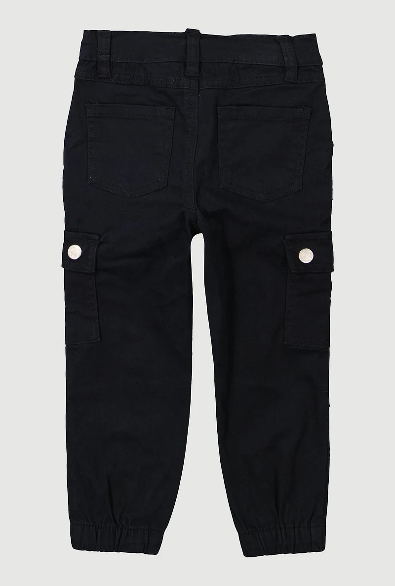 Toddler Girls Twill Snap Button Cargo Pocket Utility Pants, Black, Size 3T
