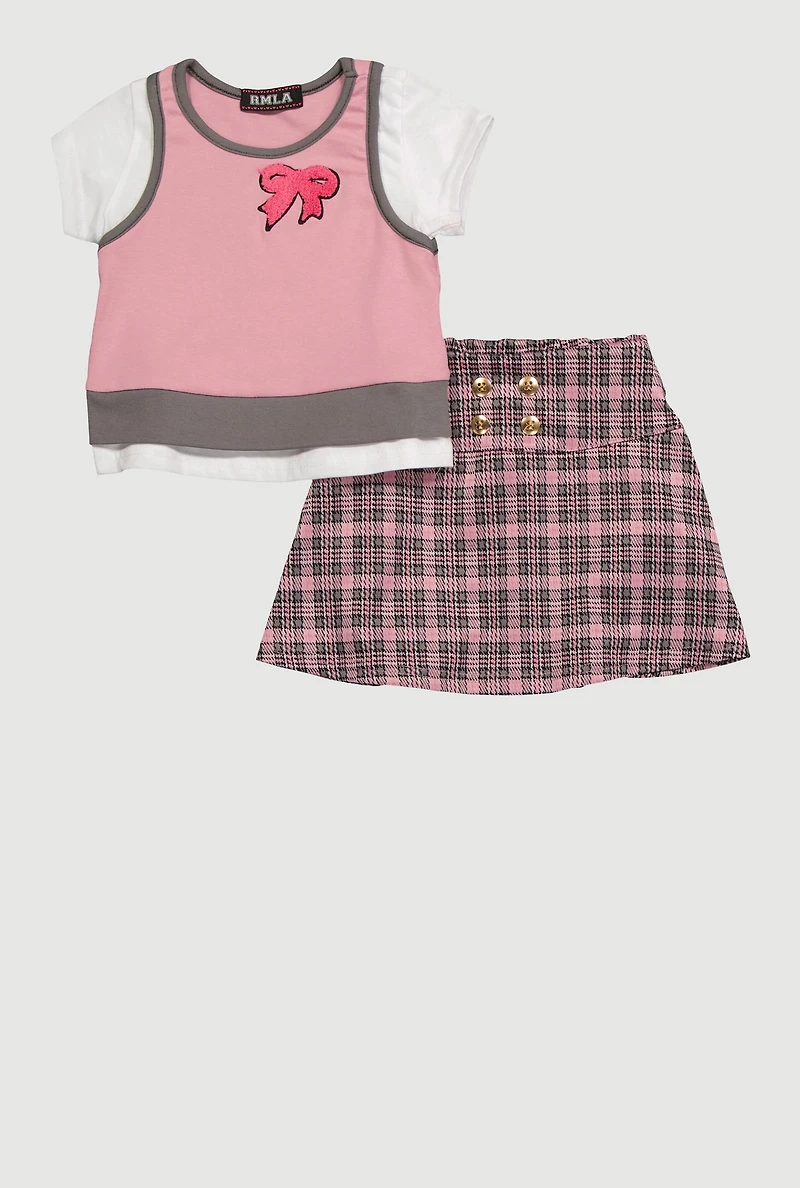 Toddler Girls Chenille Bow Color Block Top and Skirt Set