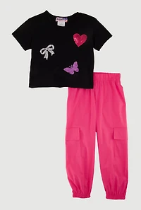 Toddler Girls Sequin Graphic Top with Cargo Joggers, Pink, Size 2T
