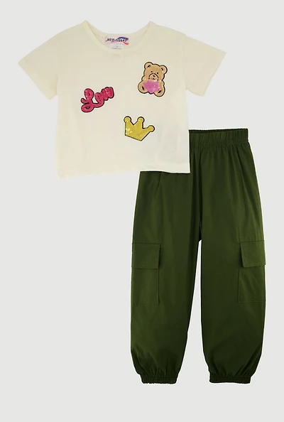 Toddler Girls Sequin Love Teddy Top and Cargo Joggers, Green, Size 3T