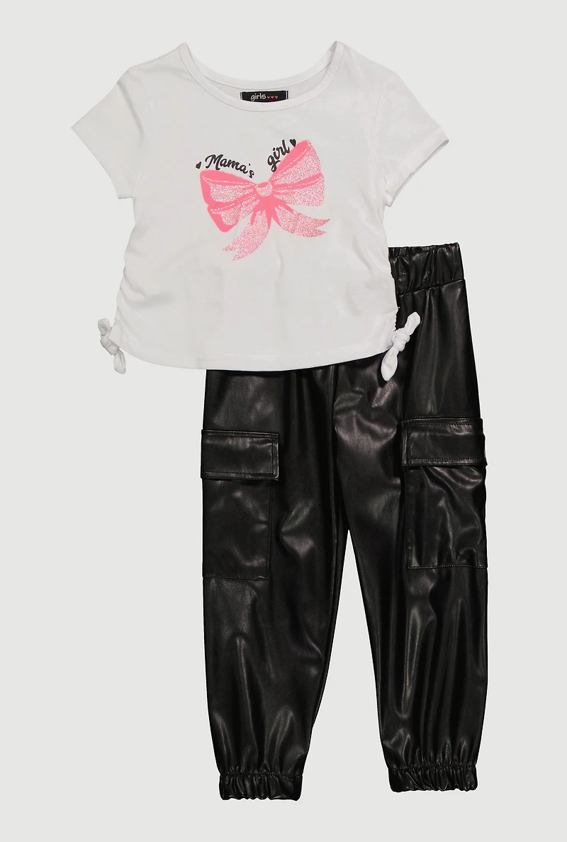 Toddler Girls Mamas Girl Tee and Fleece Lined Faux Leather Cargo Joggers, Multi, Size 4T