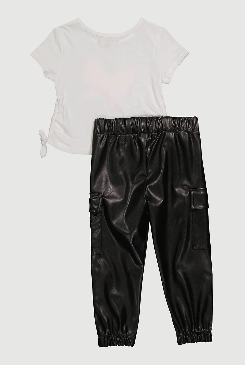 Toddler Girls Mamas Girl Tee and Fleece Lined Faux Leather Cargo Joggers, Multi,