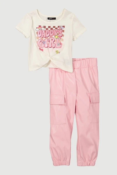 Toddler Girls Daddys Girls Graphic Tee and Faux Leather Cargo Joggers, Pink, Size 4T