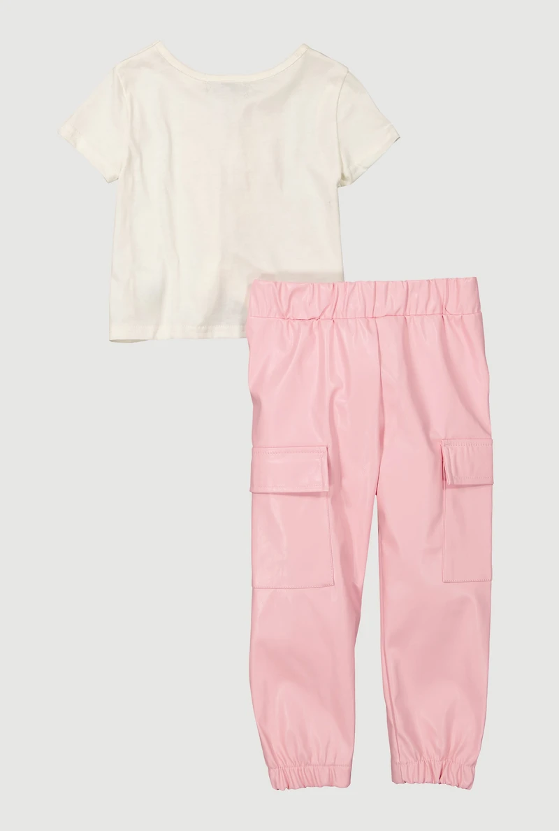Toddler Girls Daddys Girls Graphic Tee and Faux Leather Cargo Joggers, Pink, Size 4T
