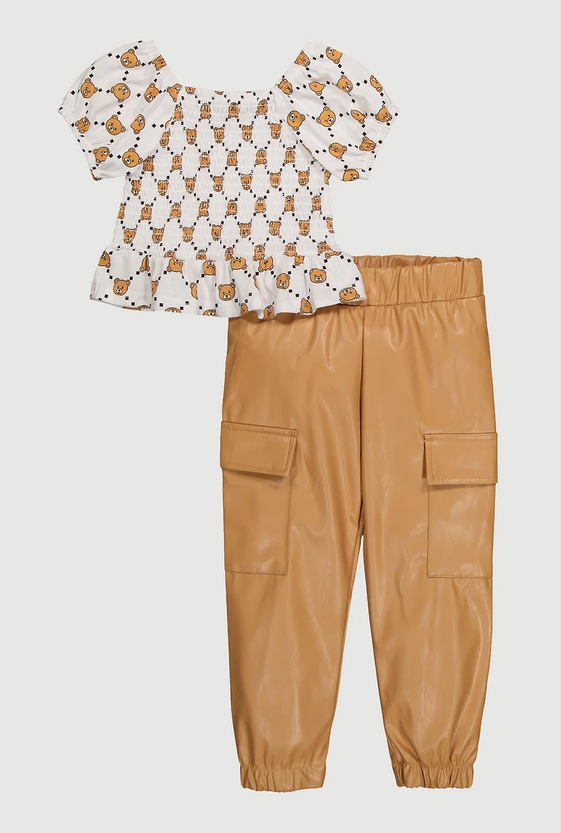 Toddler Girls Bear Graphic Peplum Top and Faux Leather Joggers, Multi, Size 4T