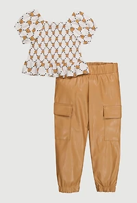 Toddler Girls Bear Graphic Peplum Top and Faux Leather Joggers