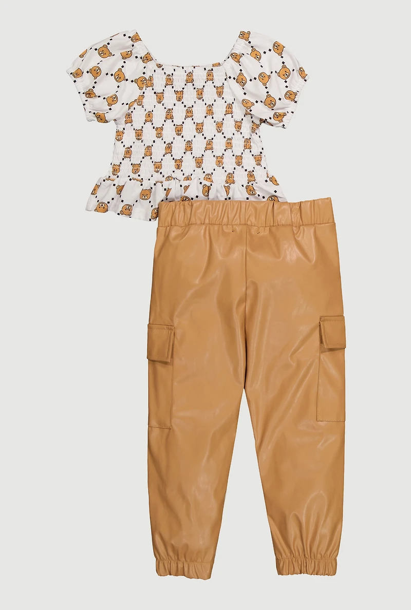 Toddler Girls Bear Graphic Peplum Top and Faux Leather Joggers