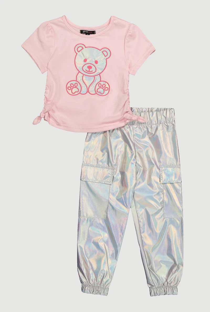Toddler Girls Iridescent Bear Graphic Print Tee and Cargo Joggers, Pink,