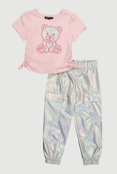 Toddler Girls Iridescent Bear Graphic Print Tee and Cargo Joggers, Pink,