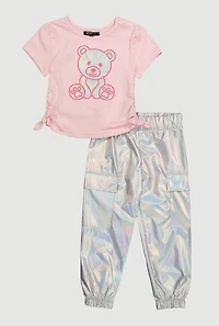 Toddler Girls Iridescent Bear Graphic Print Tee and Cargo Joggers, Pink,
