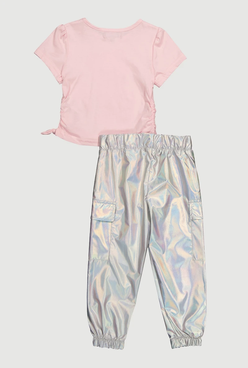 Toddler Girls Iridescent Bear Graphic Print Tee and Cargo Joggers, Multi, Size 3T