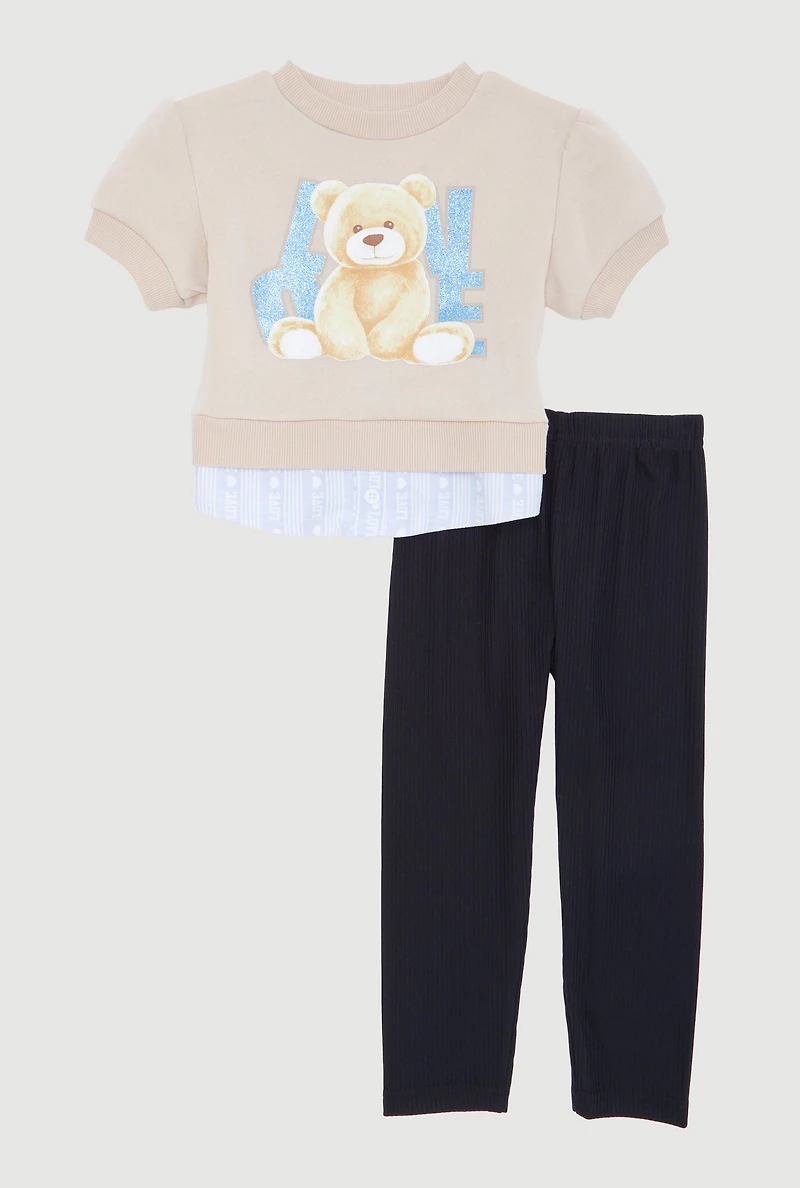 Toddler Girls Love Bear Graphic Layered Look Sweatshirt and Pants Set, Multi,